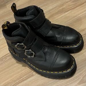 Dr. Martens Black Leather Platform Boots - Devon Flower Buckle